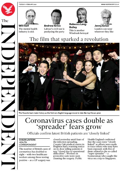 The Independent Newspaper Front Page for 11 February 2020