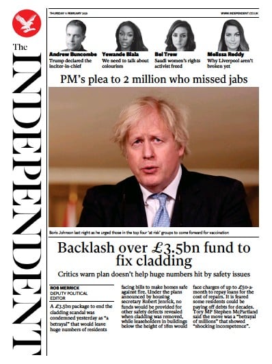 The Independent Newspaper Front Page for 11 February 2021