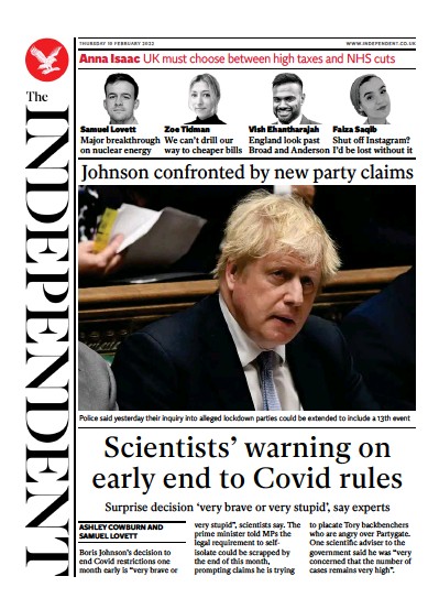 The Independent (UK) Newspaper Front Page for 11 February 2022