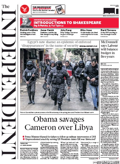 The Independent Newspaper Front Page for 11 March 2016