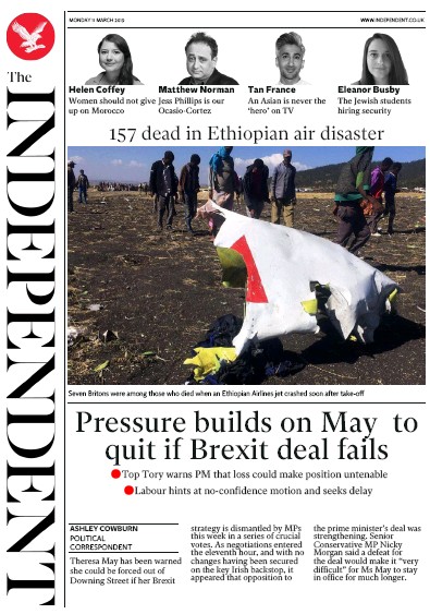 The Independent (UK) Newspaper Front Page for 11 March 2019