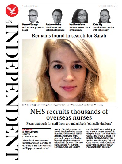 The Independent (UK) Newspaper Front Page for 11 March 2021
