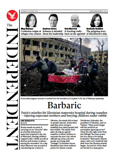 The Independent (UK) Newspaper Front Page for 11 March 2022
