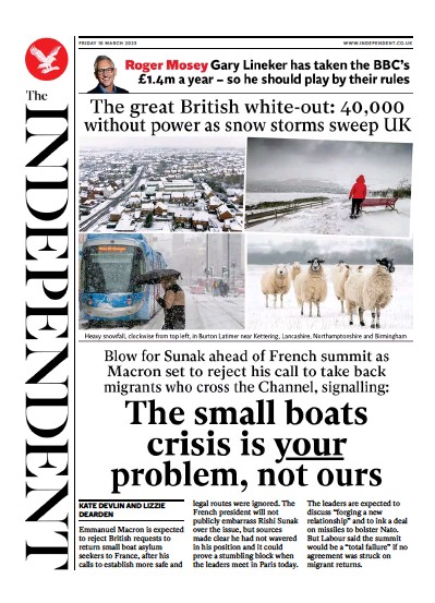 The Independent (UK) Newspaper Front Page for 11 March 2023
