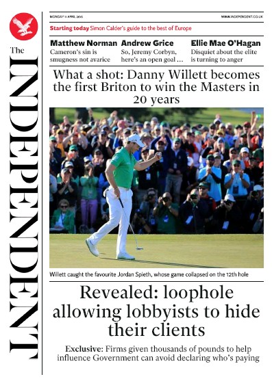 The Independent Newspaper Front Page for 11 April 2016