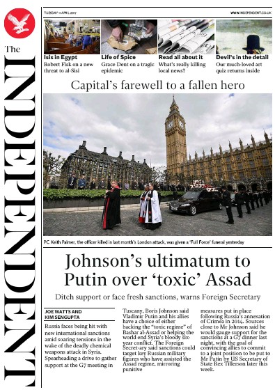 The Independent Newspaper Front Page for 11 April 2017