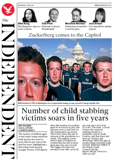 The Independent Newspaper Front Page for 11 April 2018