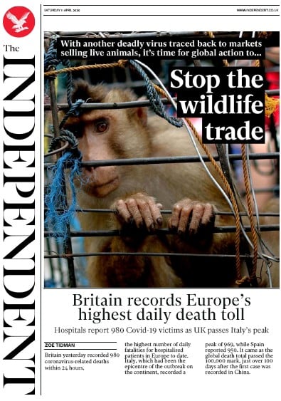 The Independent (UK) Newspaper Front Page for 11 April 2020