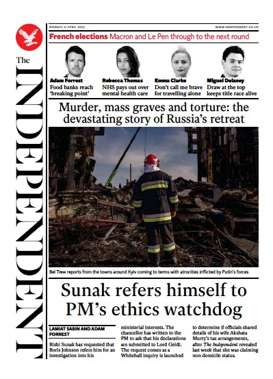 The Independent Newspaper Front Page for 11 April 2022