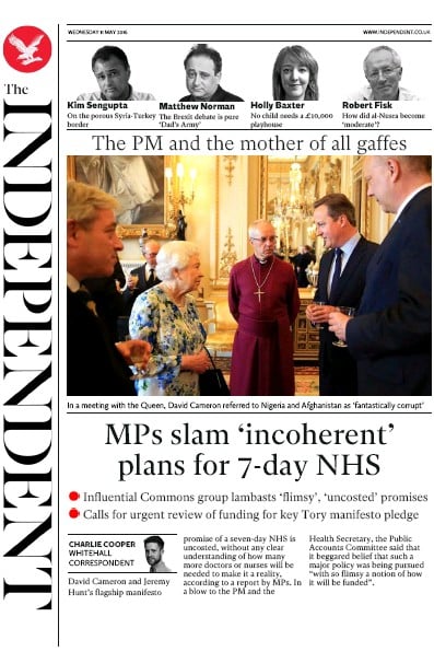 The Independent (UK) Newspaper Front Page for 11 May 2016