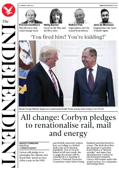 The Independent Newspaper Front Page for 11 May 2017