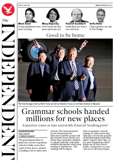 The Independent Newspaper Front Page for 11 May 2018