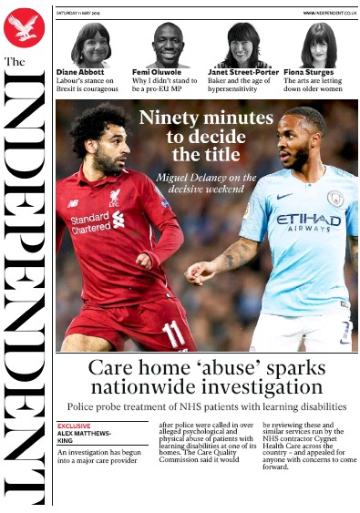 The Independent Newspaper Front Page for 11 May 2019