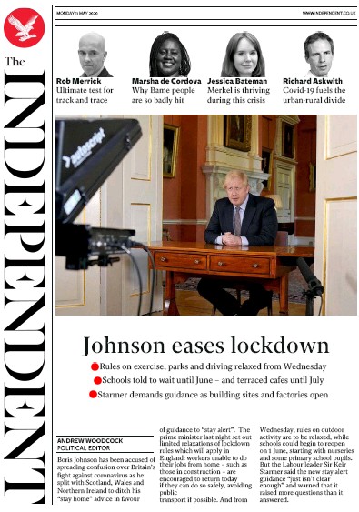 The Independent Newspaper Front Page for 11 May 2020
