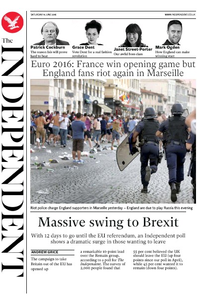 The Independent Newspaper Front Page for 11 June 2016