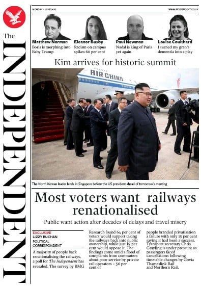 The Independent Newspaper Front Page for 11 June 2018