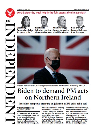 The Independent (UK) Newspaper Front Page for 11 June 2021
