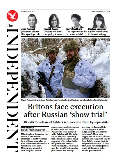 The Independent (UK) Newspaper Front Page for 11 June 2022