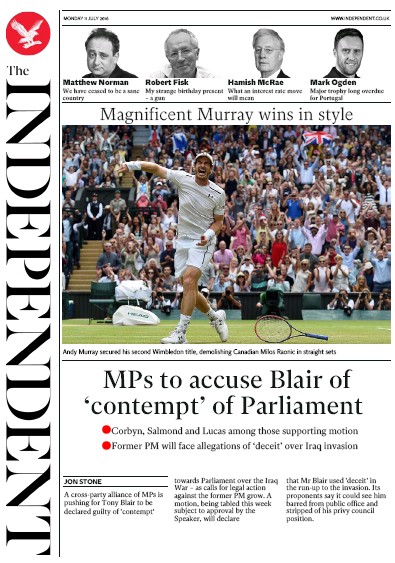 The Independent Newspaper Front Page for 11 July 2016