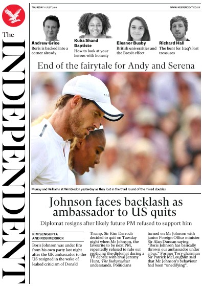 The Independent Newspaper Front Page for 11 July 2019