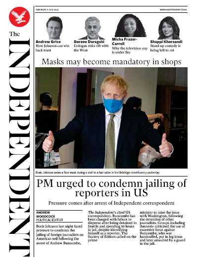 The Independent (UK) Newspaper Front Page for 11 July 2020