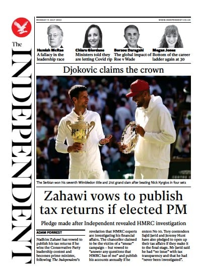 The Independent (UK) Newspaper Front Page for 11 July 2022