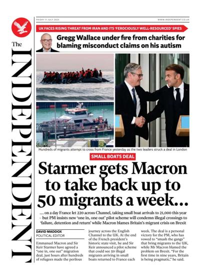 The Independent (UK) Newspaper Front Page for 11 July 2025