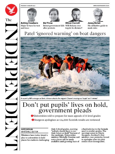 The Independent Newspaper Front Page for 11 August 2020