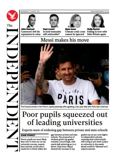 The Independent (UK) Newspaper Front Page for 11 August 2021