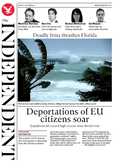 The Independent Newspaper Front Page for 11 September 2017