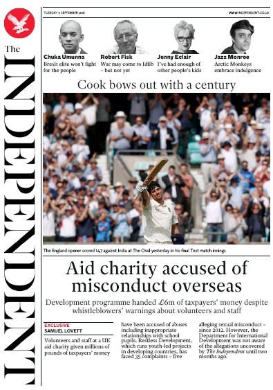 The Independent (UK) Newspaper Front Page for 11 September 2018