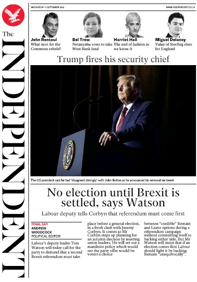 The Independent (UK) Newspaper Front Page for 11 September 2019