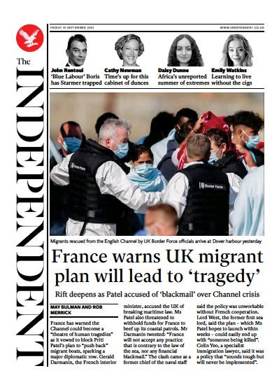 The Independent (UK) Newspaper Front Page for 11 September 2021