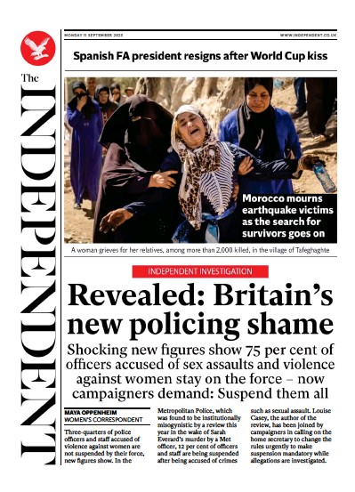 The Independent (UK) Newspaper Front Page for 11 September 2023