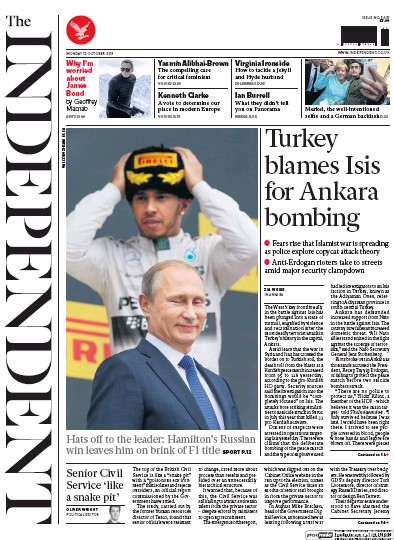 The Independent (UK) Newspaper Front Page for 12 October 2015