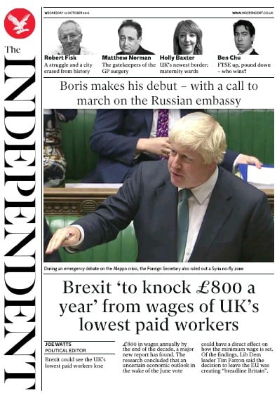 The Independent Newspaper Front Page for 12 October 2016