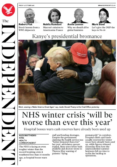 The Independent Newspaper Front Page for 12 October 2018
