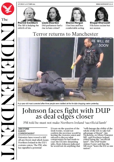The Independent Newspaper Front Page for 12 October 2019