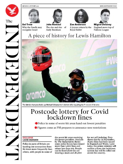 The Independent Newspaper Front Page for 12 October 2020