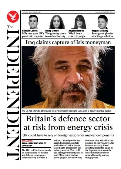 The Independent (UK) Newspaper Front Page for 12 October 2021