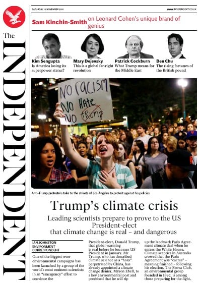 The Independent Newspaper Front Page for 12 November 2016