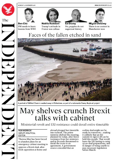 The Independent Newspaper Front Page for 12 November 2018
