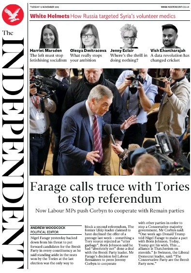 The Independent Newspaper Front Page for 12 November 2019
