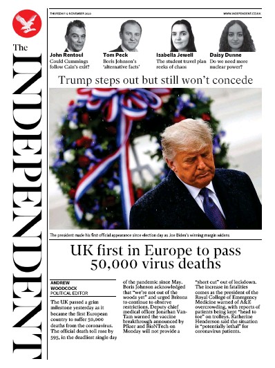 The Independent Newspaper Front Page for 12 November 2020