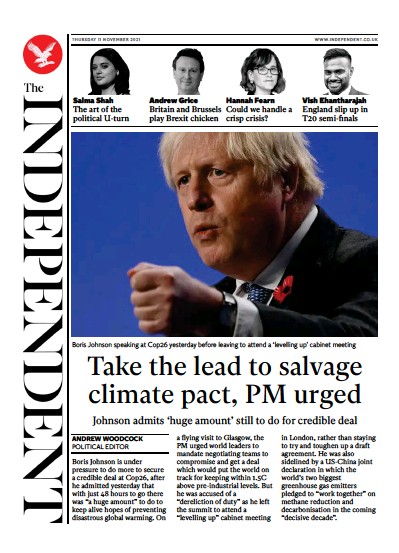 The Independent (UK) Newspaper Front Page for 12 November 2021