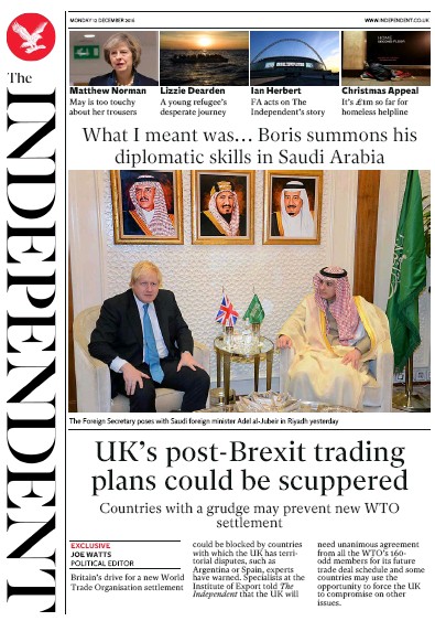 The Independent Newspaper Front Page for 12 December 2016