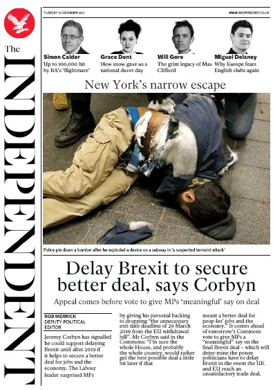 The Independent Newspaper Front Page for 12 December 2017
