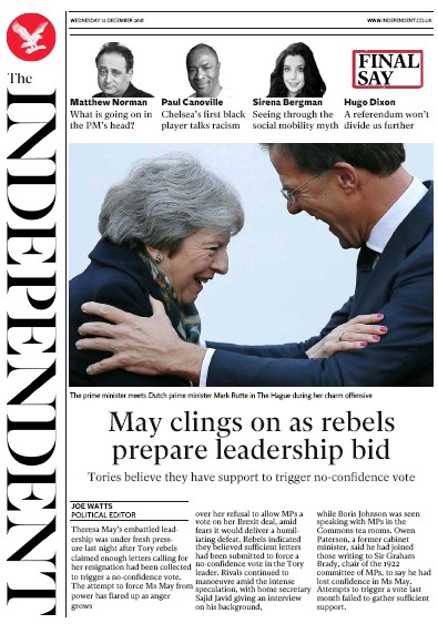 The Independent Newspaper Front Page for 12 December 2018