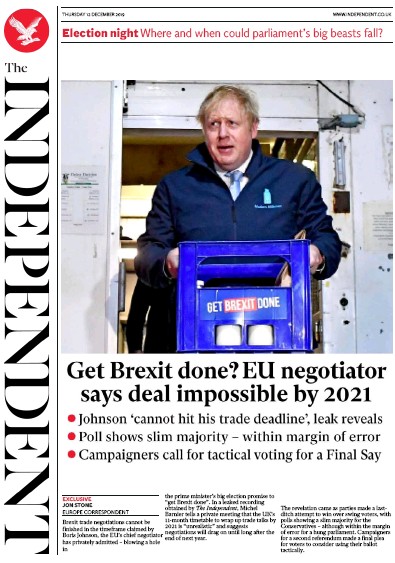 The Independent (UK) Newspaper Front Page for 12 December 2019