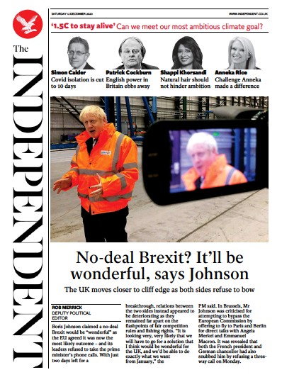 The Independent Newspaper Front Page for 12 December 2020